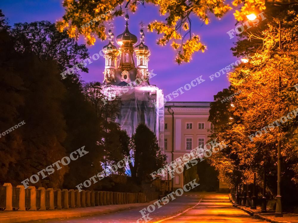 На фотографии запечатлены купола Екатерининского дворца в Царском Селе, Санкт-Петербург, вечером, когда небо окрашено в насыщенные сиренево-розовые оттенки. Золотые купола дворца, частично скрытые деревьями и окруженные вечерним освещением, подчеркивают величие архитектуры. Осенняя листва и уличные фонари придают снимку уют и спокойствие. Эта часть Царского Села особенно красива в осенние вечера.